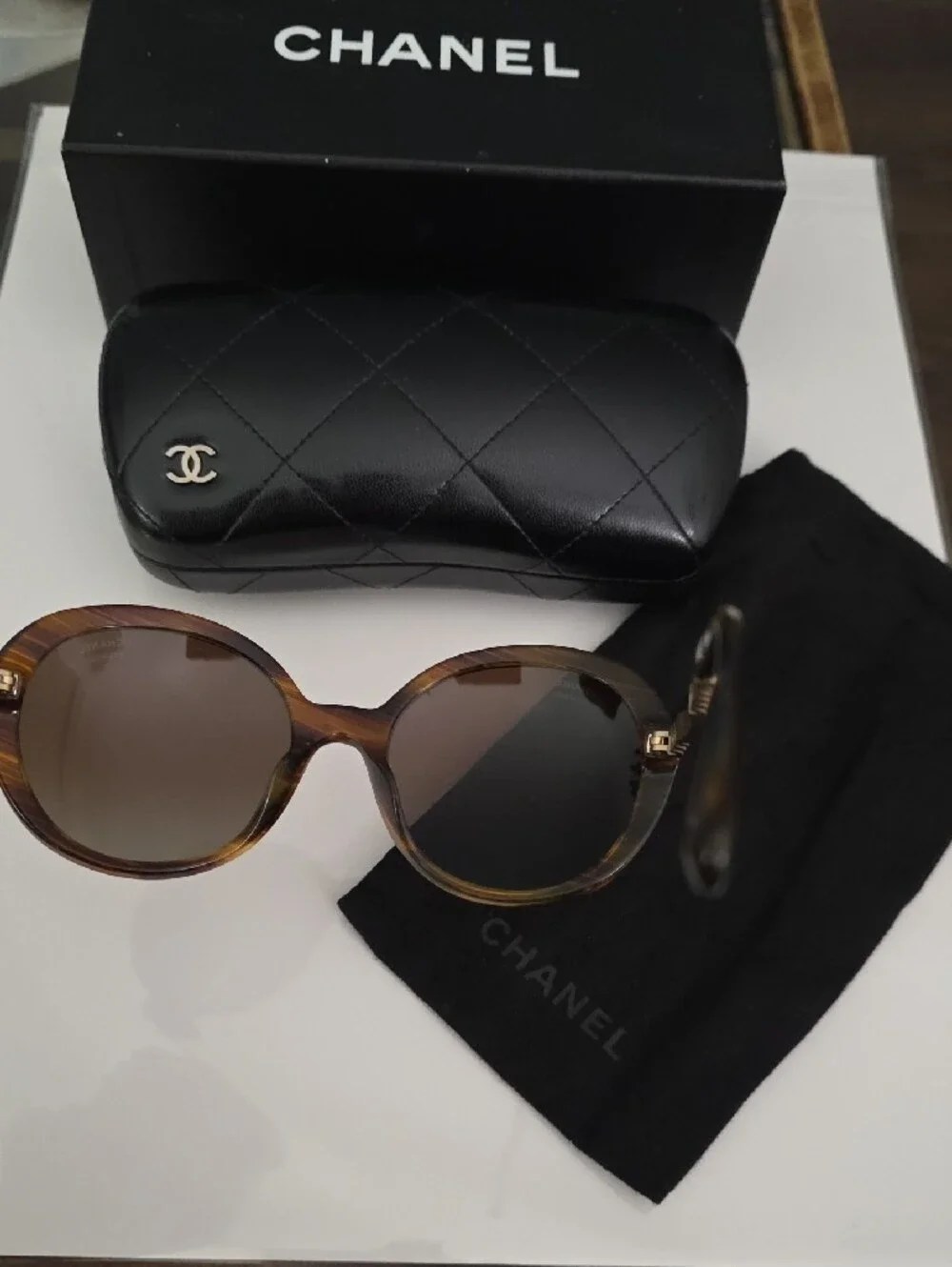 CHANEL Brown Tortoiseshell Oversized Sunglasses with Quilted Case